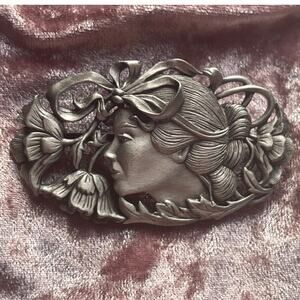 JJ Jonette Art Nouveau Brooch Woman Face Flowers Signed